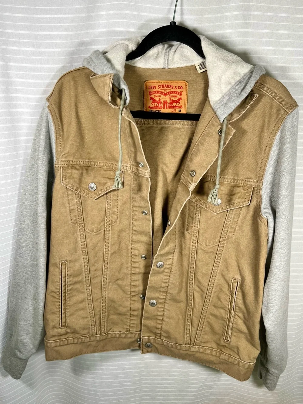 Levi's Tan hybrid hoodie Trucker Jacket with Gray Hooded Sleeves tigers eye
